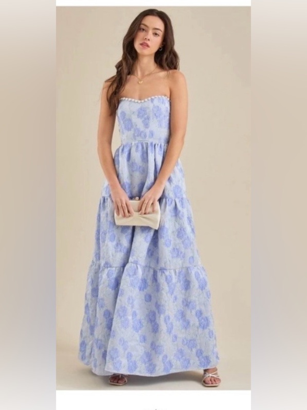 NWT Altar'd State Strapless Jaquard Floral Maxi Dress, Light Blue, Size M